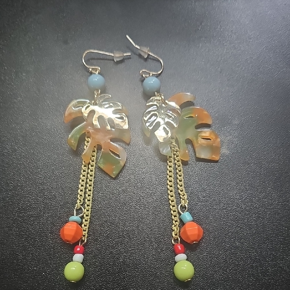 Gold Monstera Leaf Dangle Earrings with Orange and Aqua Beads